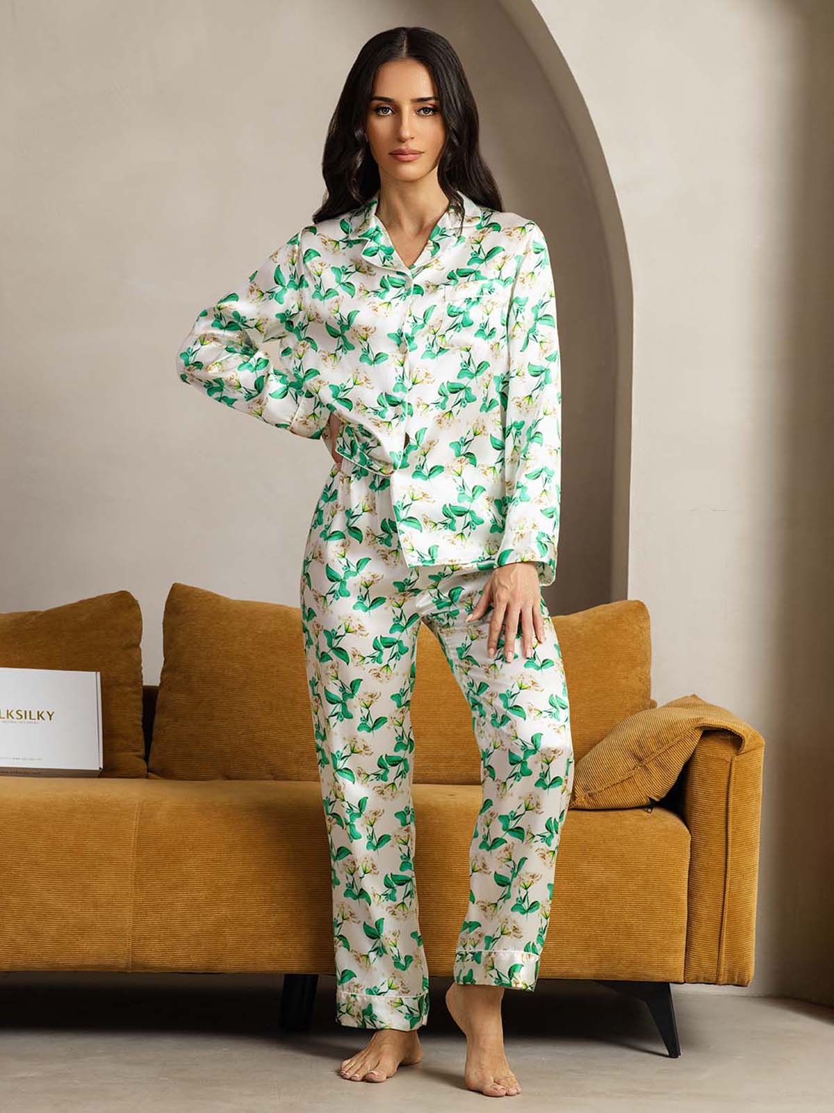 Pure Silk Binding Trim Pajamas Set 2Pc