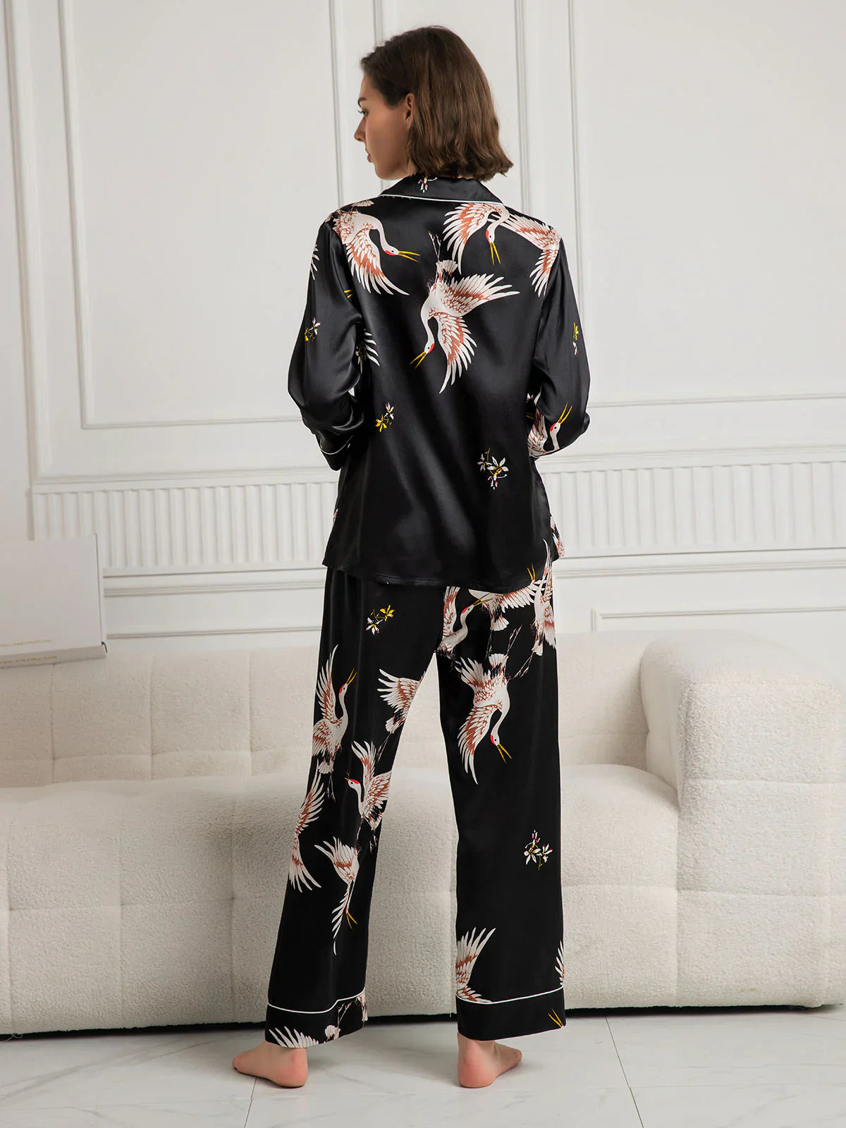 19Momme Pure Silk Printed Classic Binding Trim Womens Pajama set