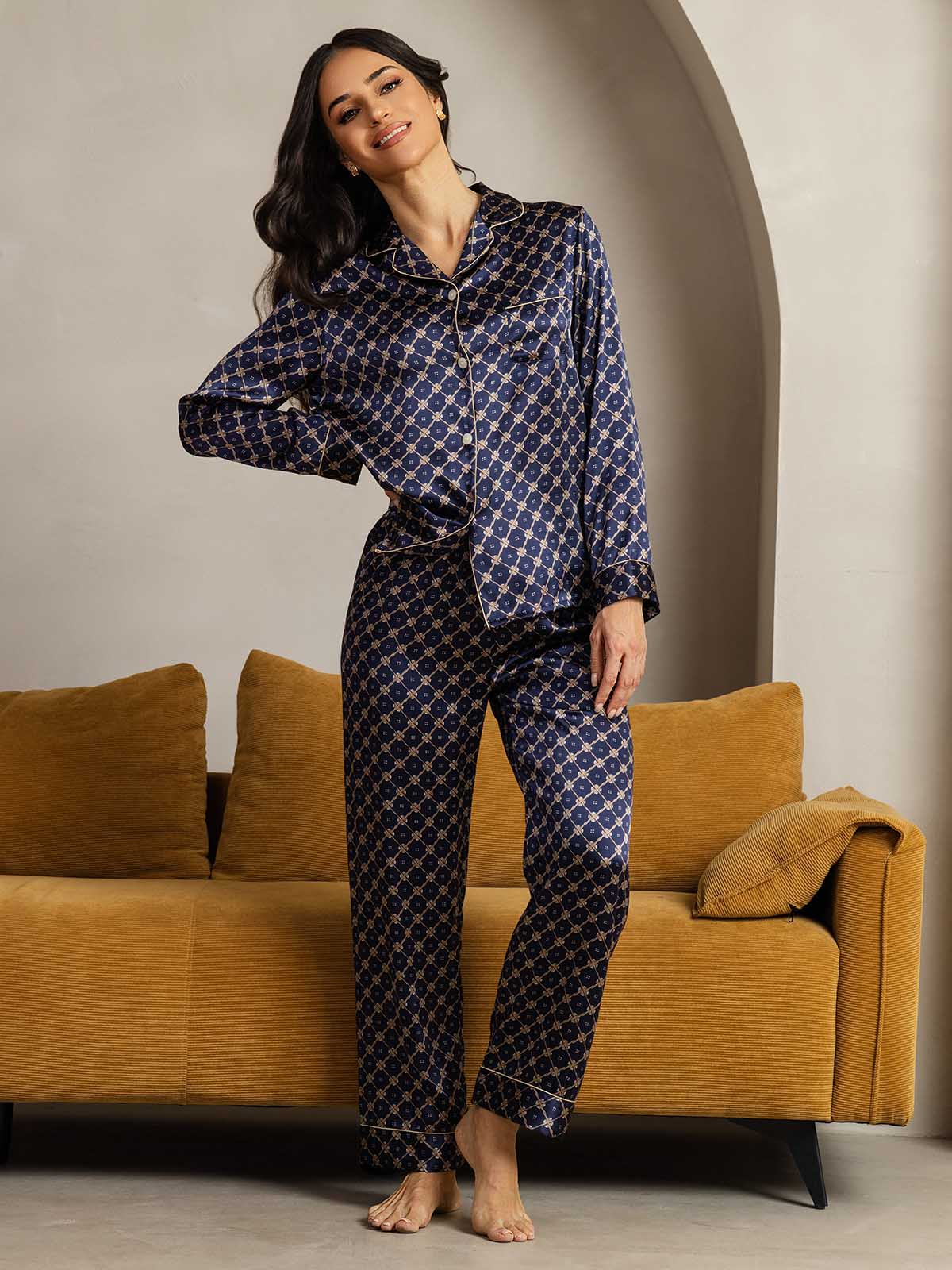 Pure Silk Binding Trim Pajamas Set 2Pc