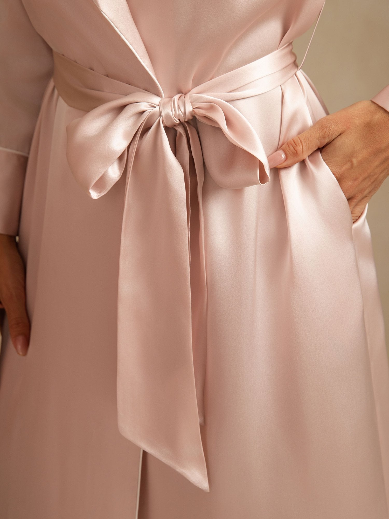 Pure Silk Belted Women's Long Lapel Robe with Pocket Design