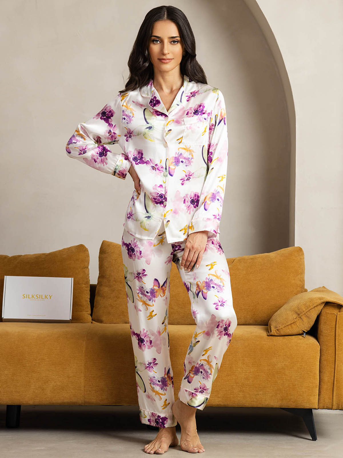 Pure Silk Binding Trim Pajamas Set 2Pc