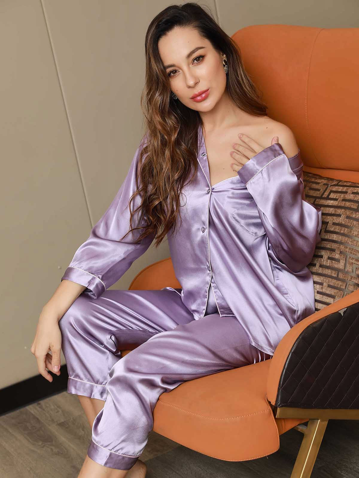 Pure Silk Binding Trim Pajamas Set 2Pc