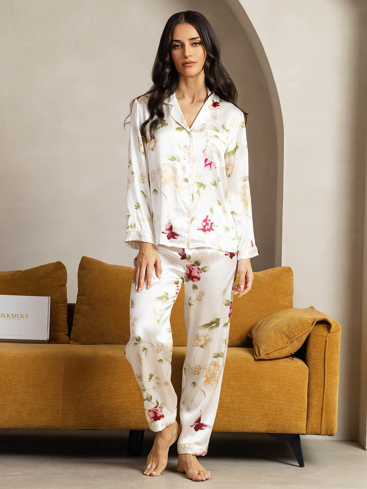 Pure Silk Binding Trim Pajamas Set 2Pc