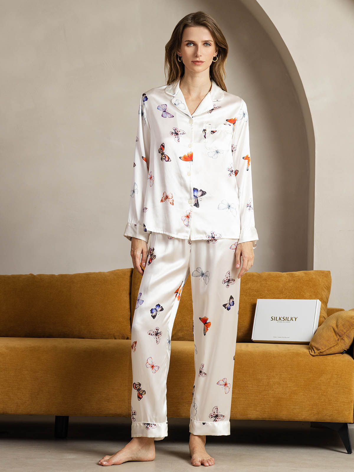 Pure Silk Binding Trim Pajamas Set 2Pc