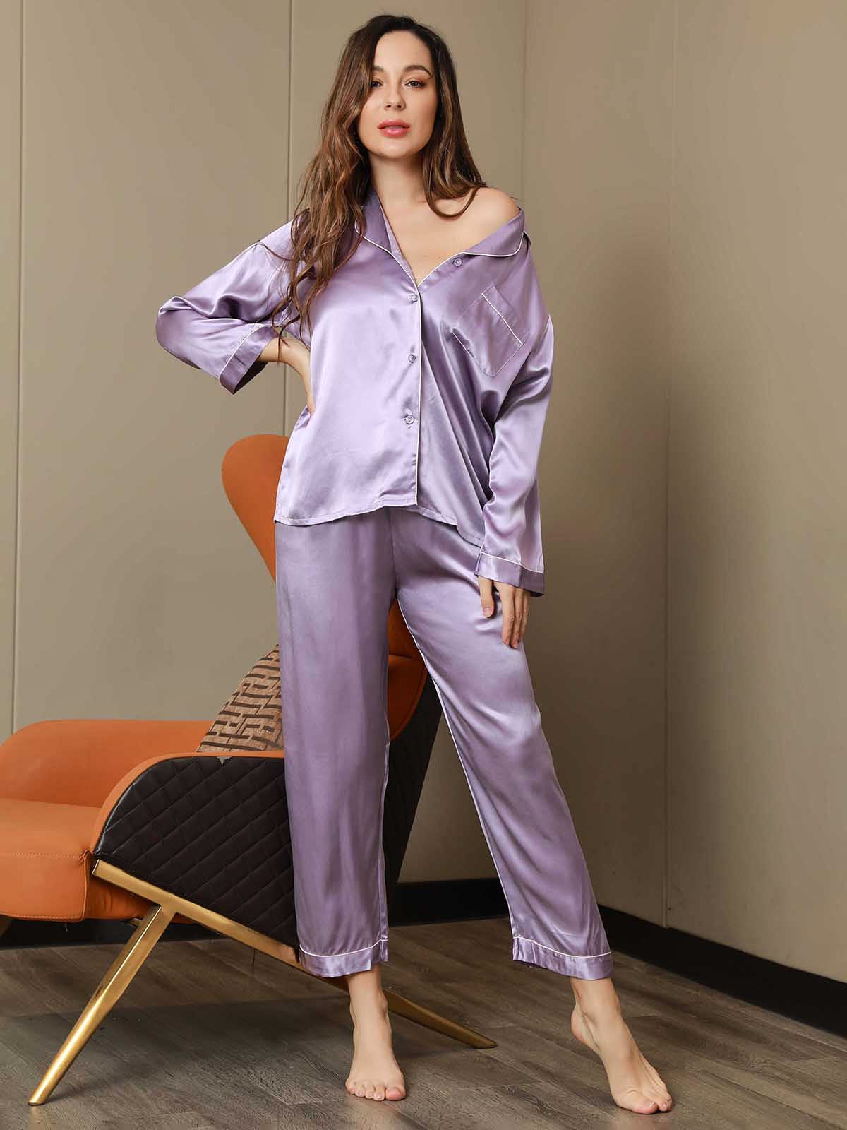 Pure Silk Binding Trim Pajamas Set 2Pc