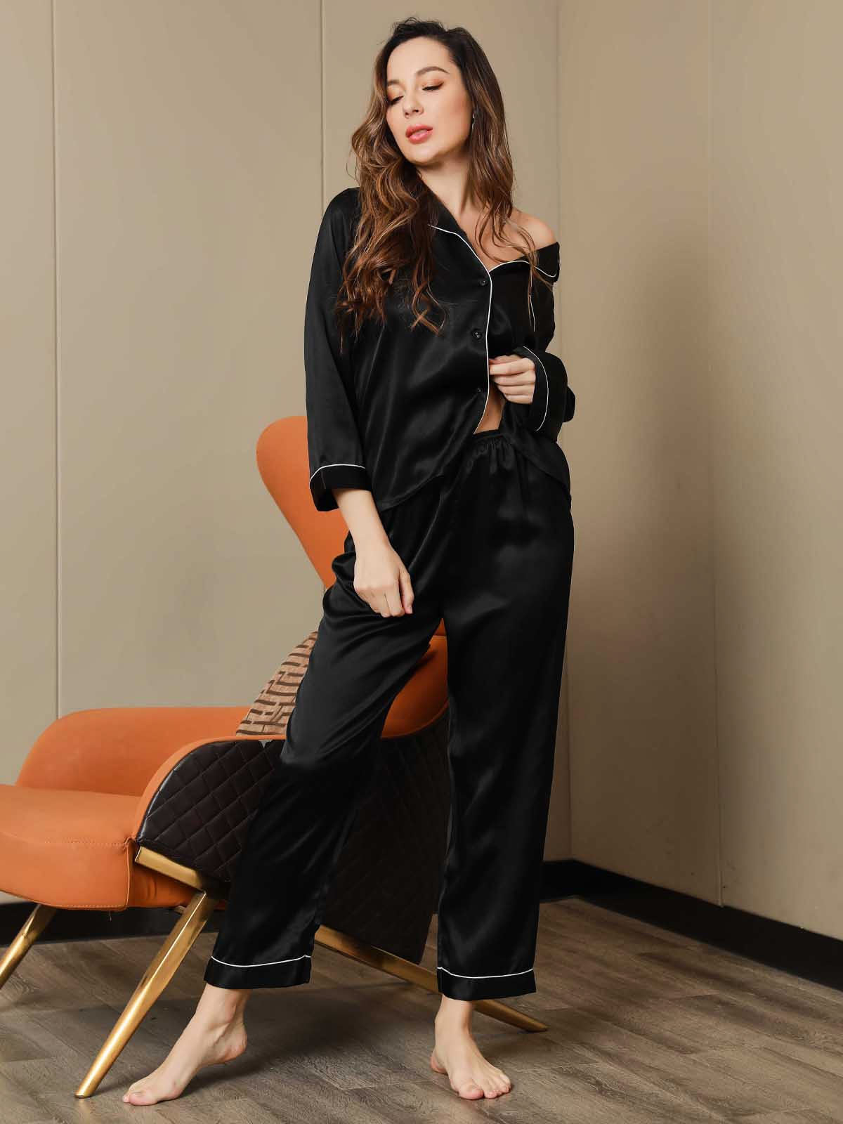 Pure Silk Binding Trim Pajamas Set 2Pc
