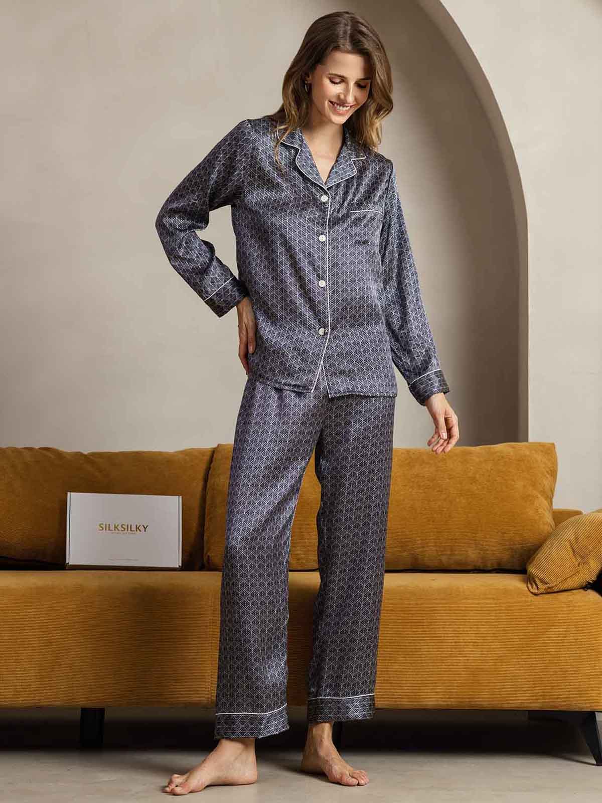 Pure Silk Binding Trim Pajamas Set 2Pc