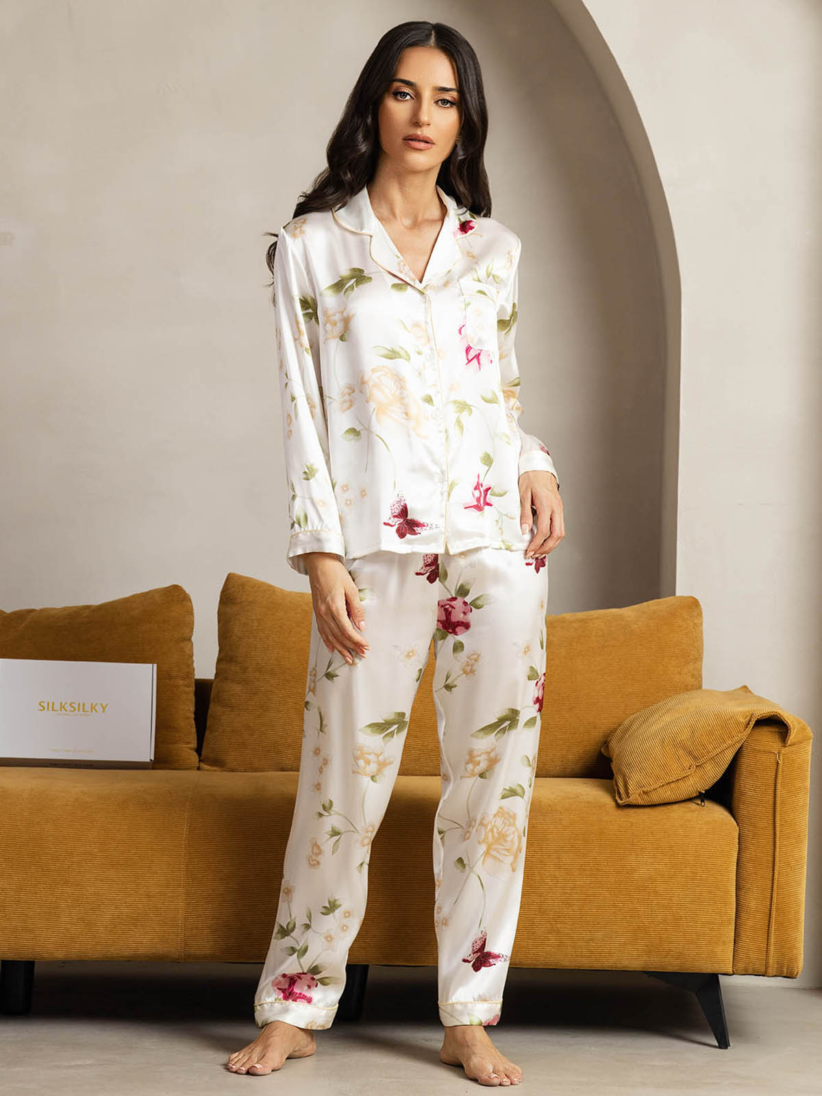 Pure Silk Binding Trim Pajamas Set 2Pc