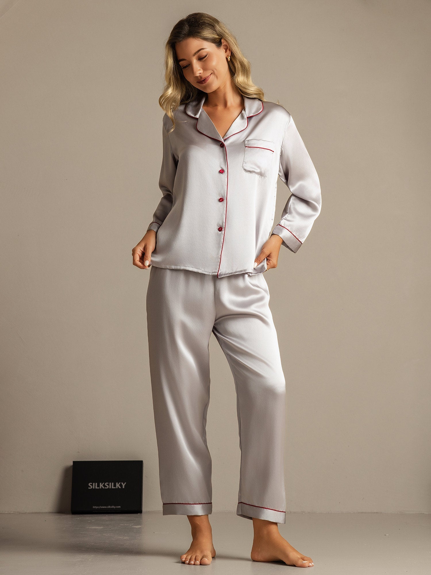 Pure Silk Binding Trim Pajamas Set 2Pc