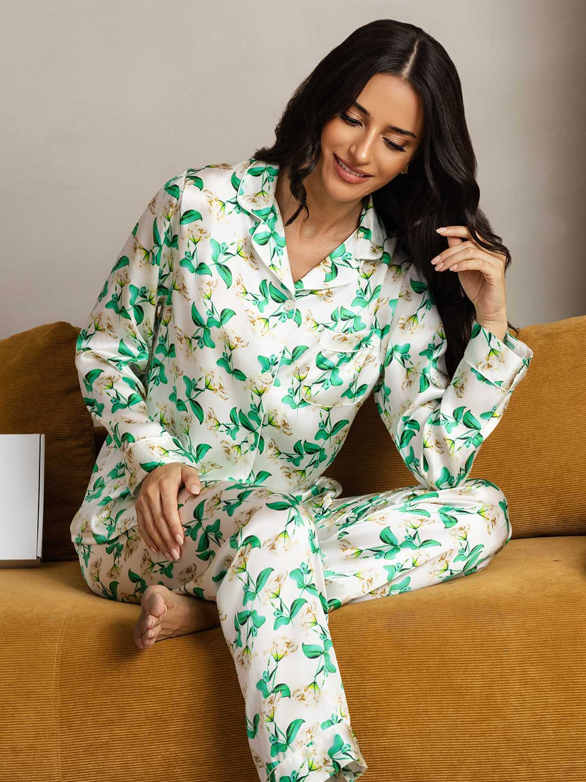 Pure Silk Binding Trim Pajamas Set 2Pc