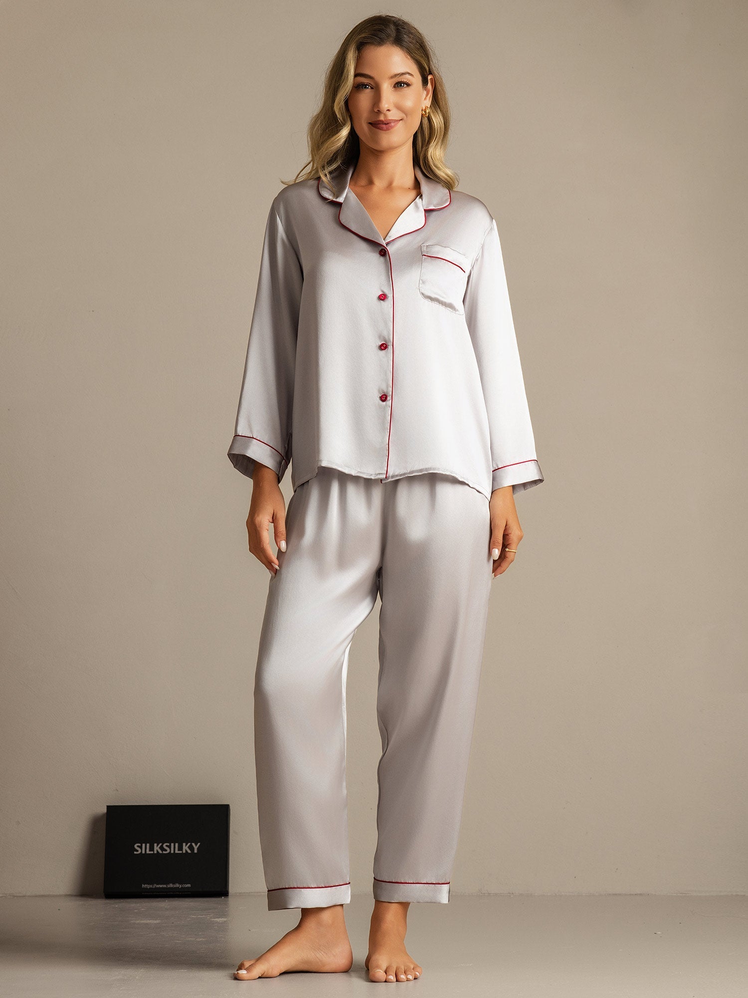 Pure Silk Binding Trim Pajamas Set 2Pc