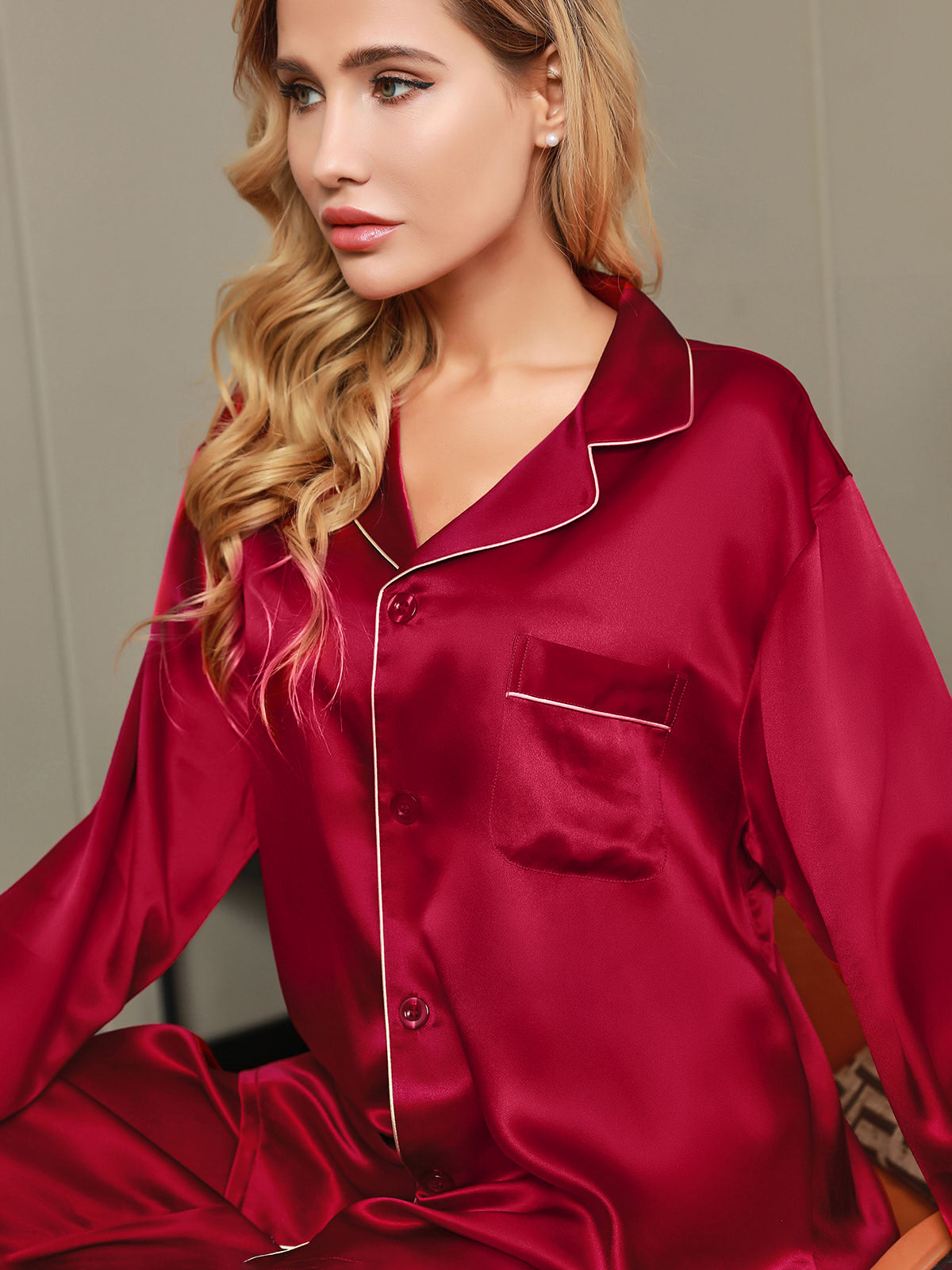 Pure Silk Binding Trim Pajamas Set 2Pc