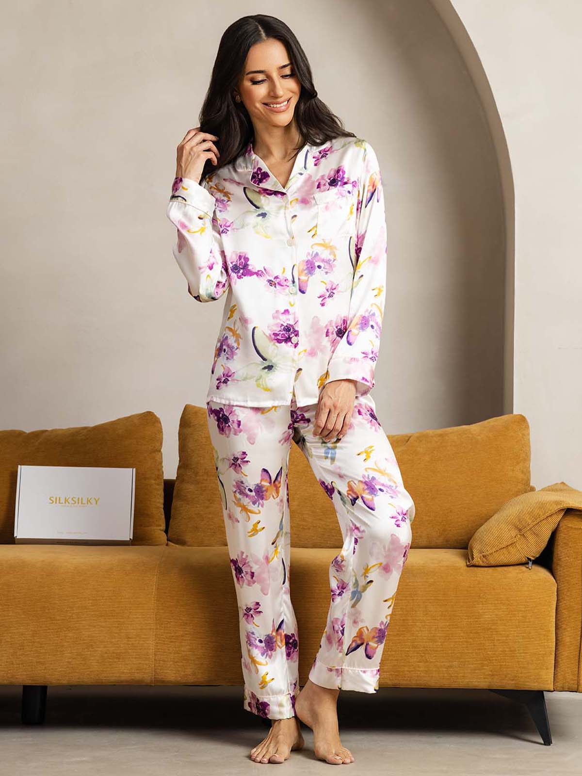 Pure Silk Binding Trim Pajamas Set 2Pc