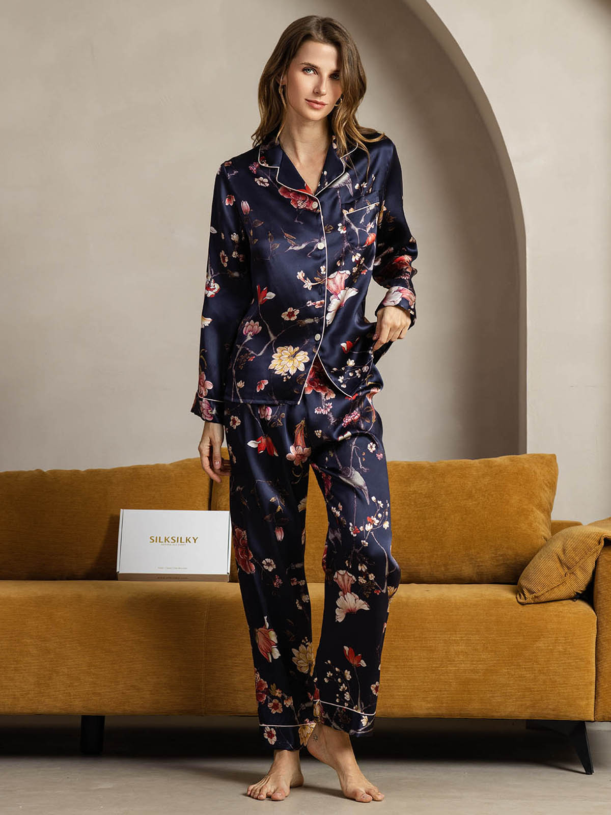 Pure Silk Binding Trim Pajamas Set 2Pc