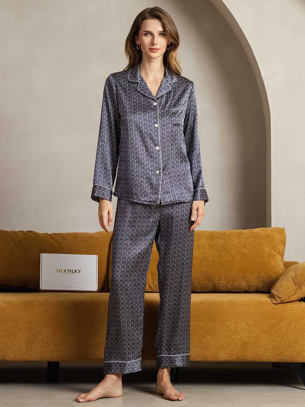 Pure Silk Binding Trim Pajamas Set 2Pc