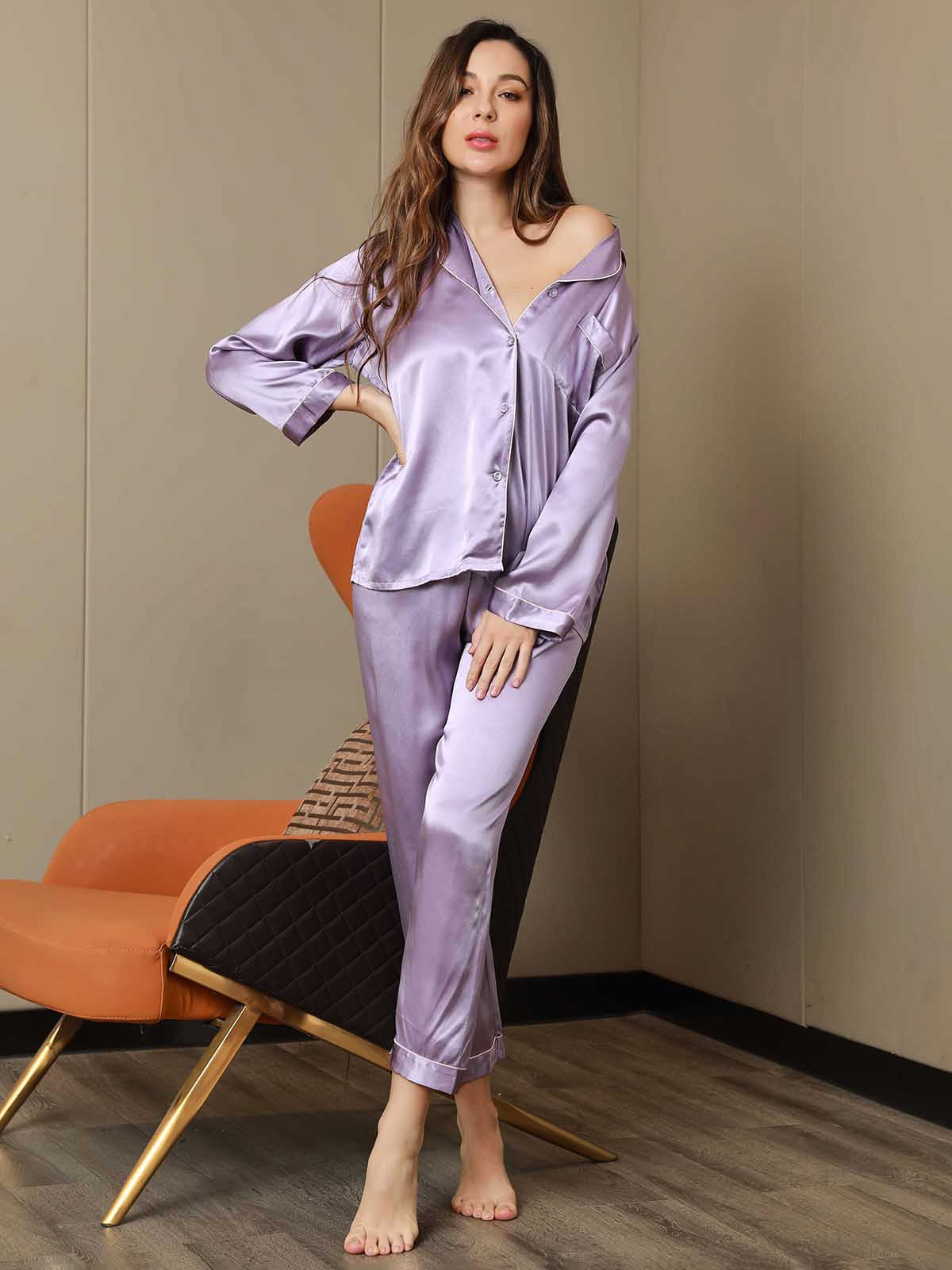 Pure Silk Binding Trim Pajamas Set 2Pc