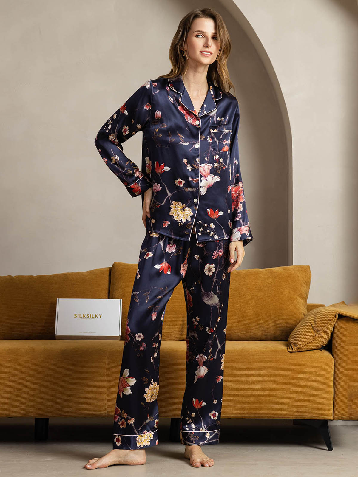 Pure Silk Binding Trim Pajamas Set 2Pc