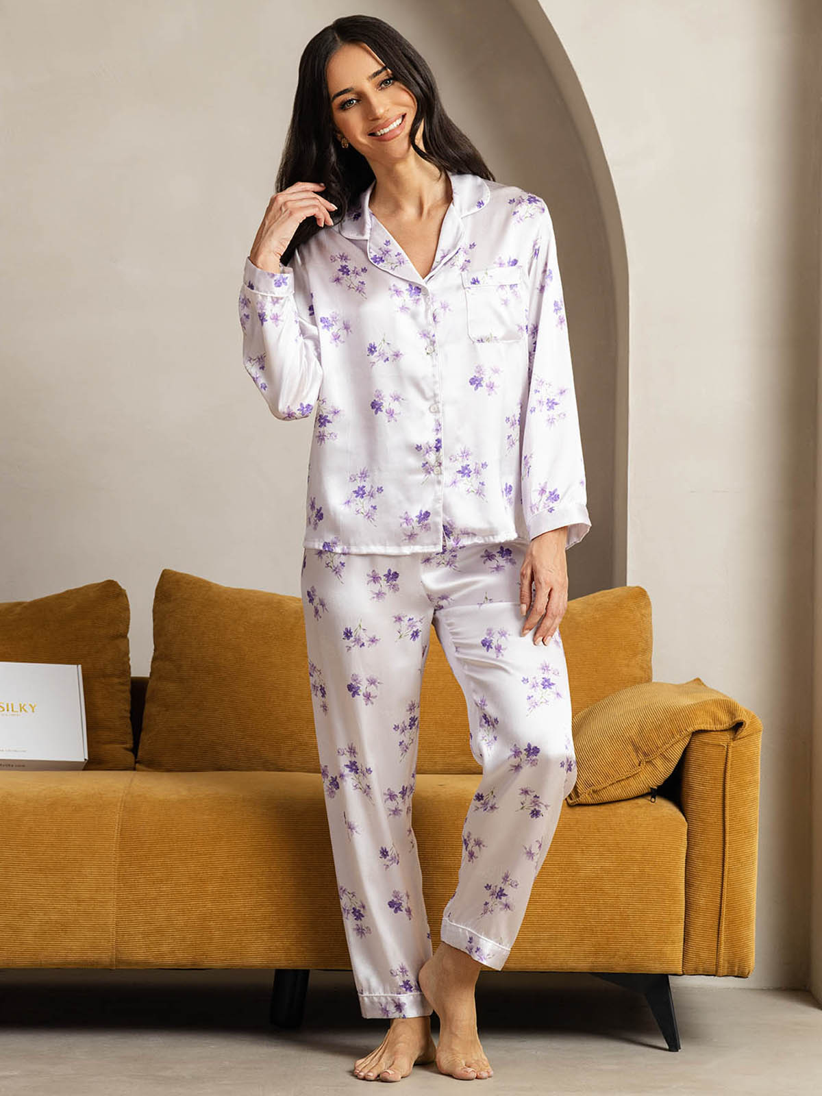 Pure Silk Binding Trim Pajamas Set 2Pc