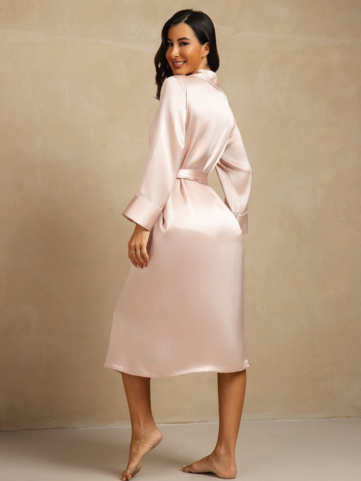 Pure Silk Belted Women's Long Lapel Robe with Pocket Design
