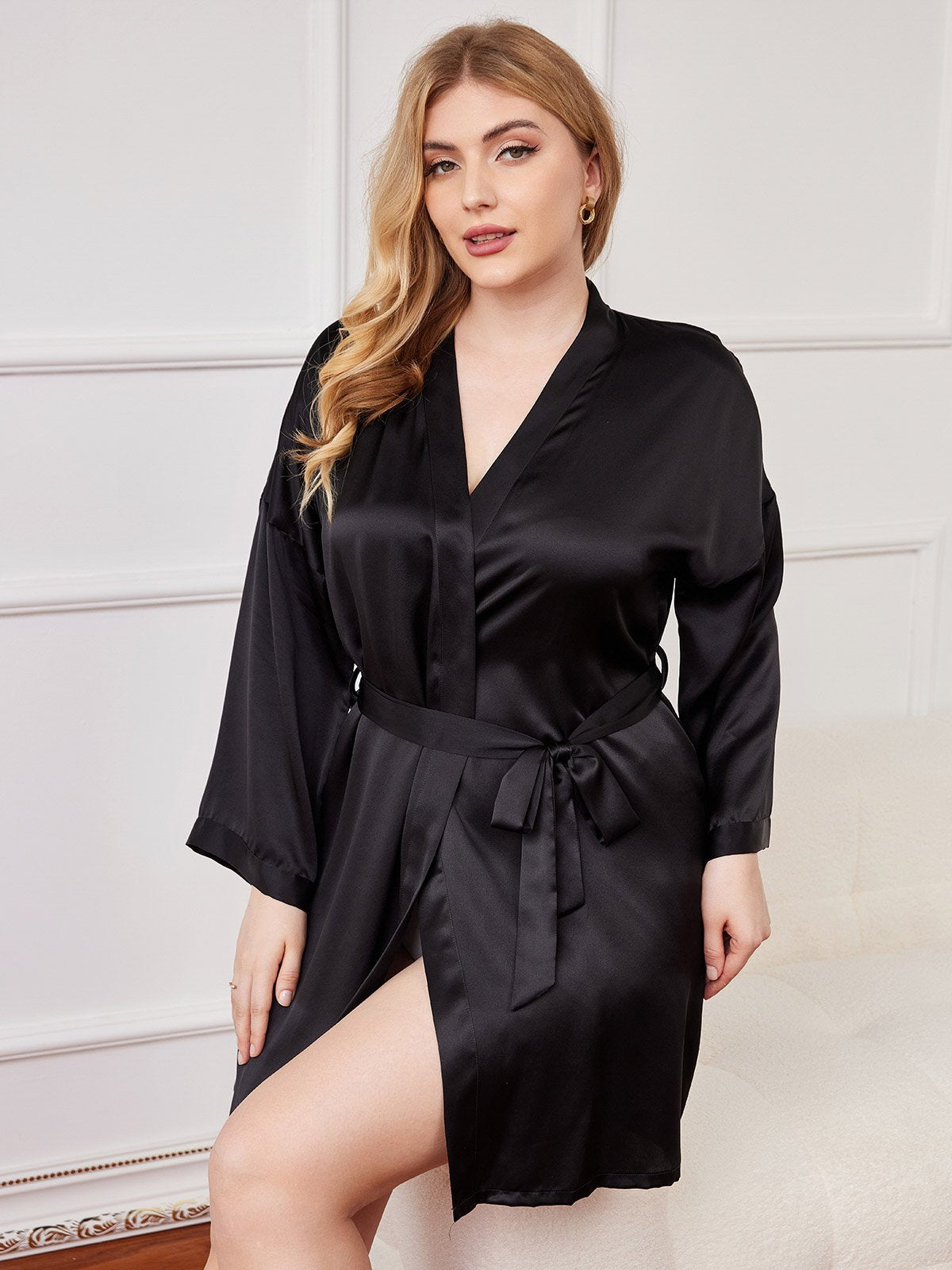 Plus Size Glossy Pure Silk Kimono Robe For Women