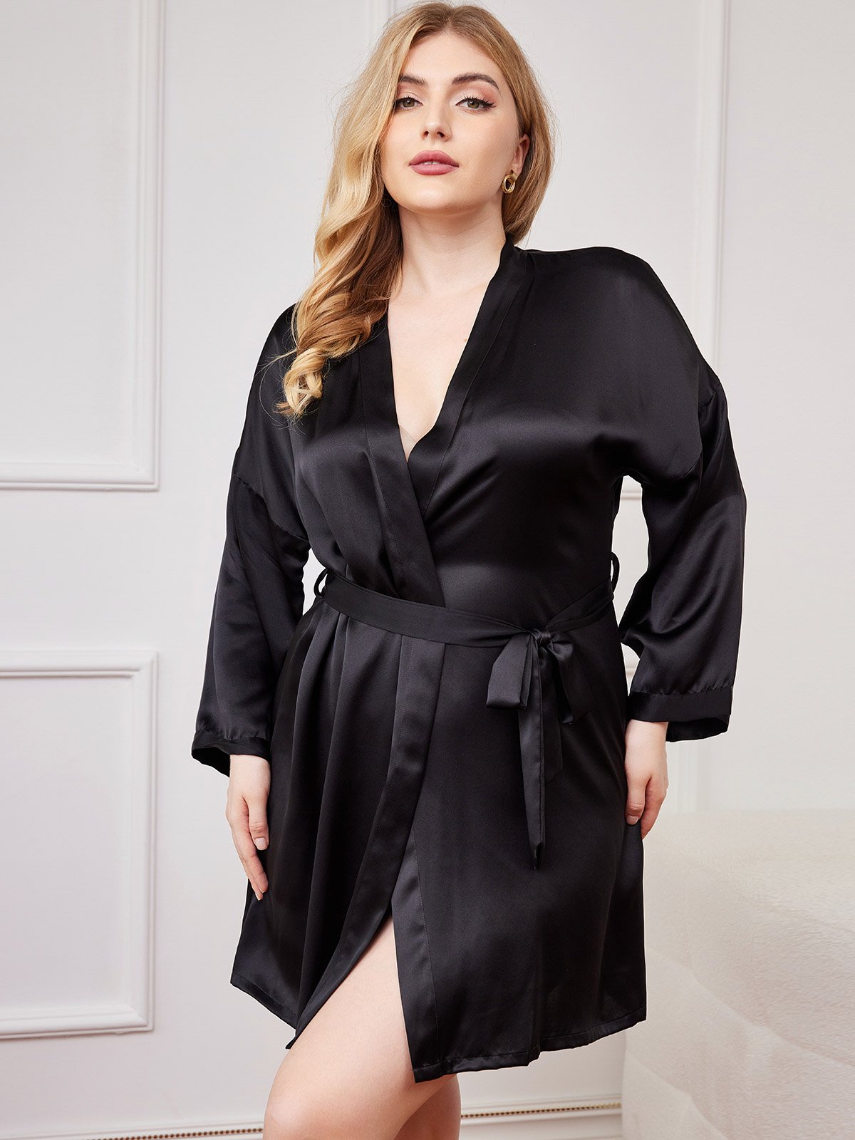 Plus Size Glossy Pure Silk Kimono Robe For Women
