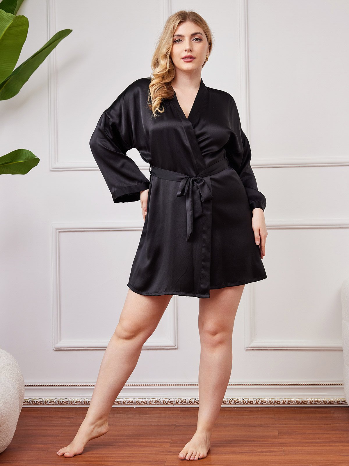Plus Size Glossy Pure Silk Kimono Robe For Women