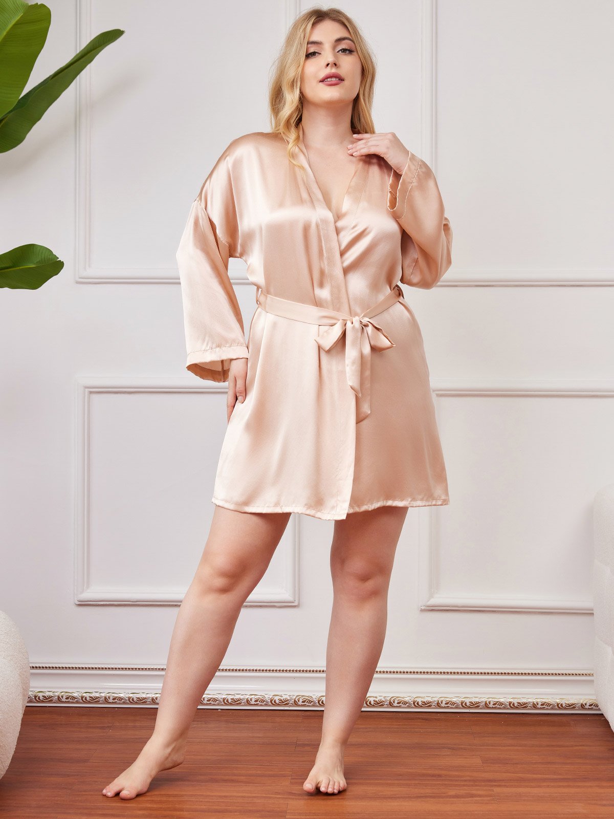 Plus Size Glossy Pure Silk Kimono Robe For Women
