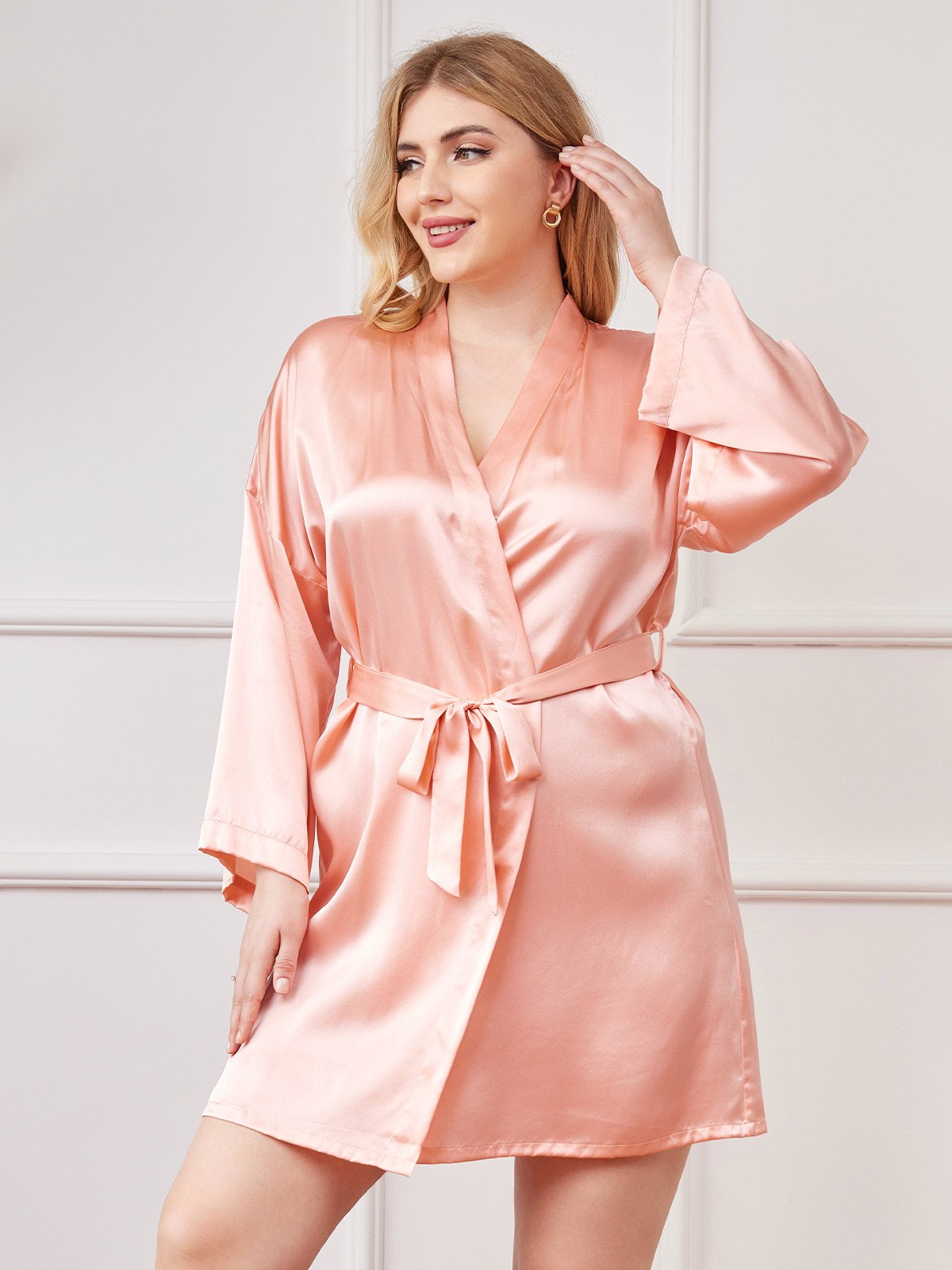 Plus Size Glossy Pure Silk Kimono Robe For Women