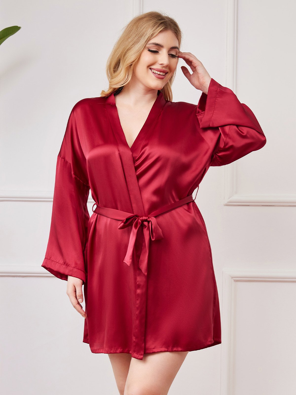 Plus Size Glossy Pure Silk Kimono Robe For Women