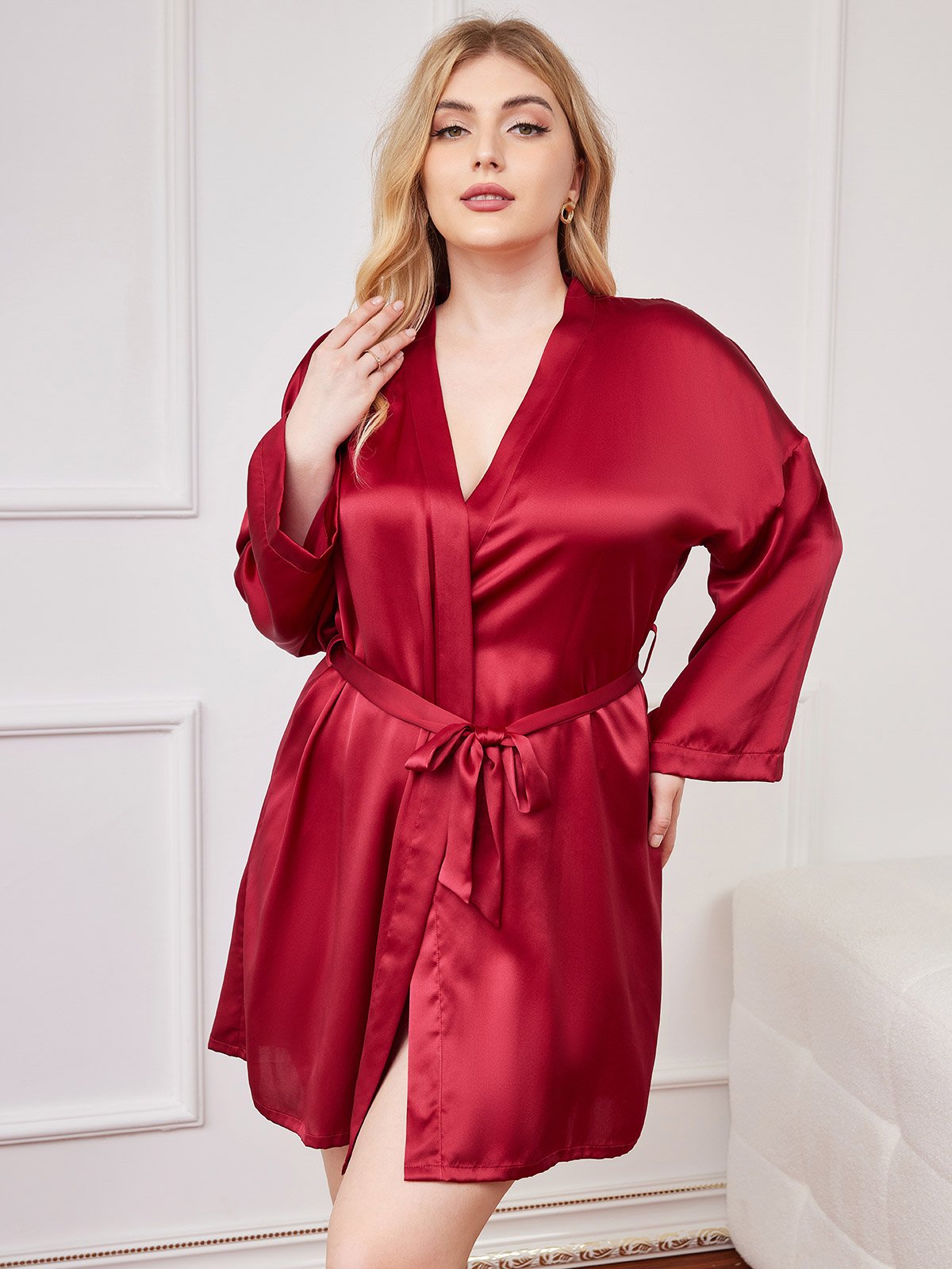 Plus Size Glossy Pure Silk Kimono Robe For Women