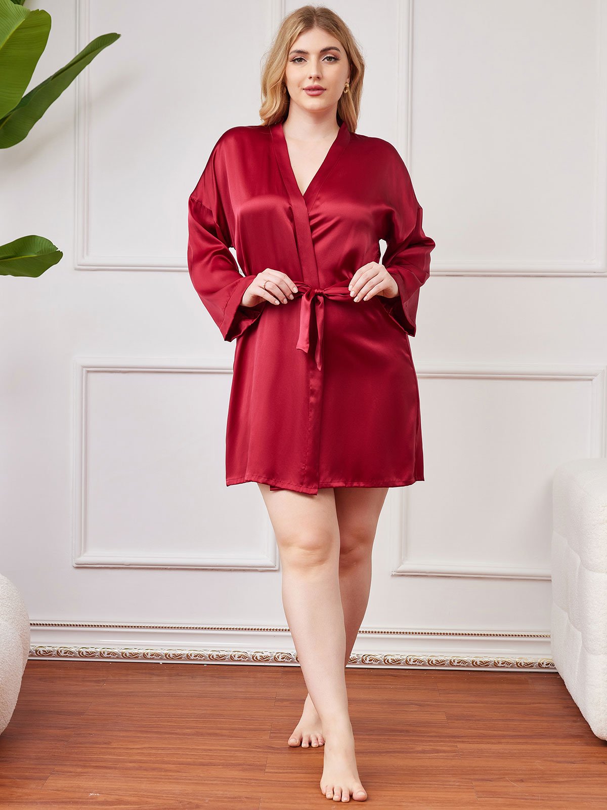 Plus Size Glossy Pure Silk Kimono Robe For Women