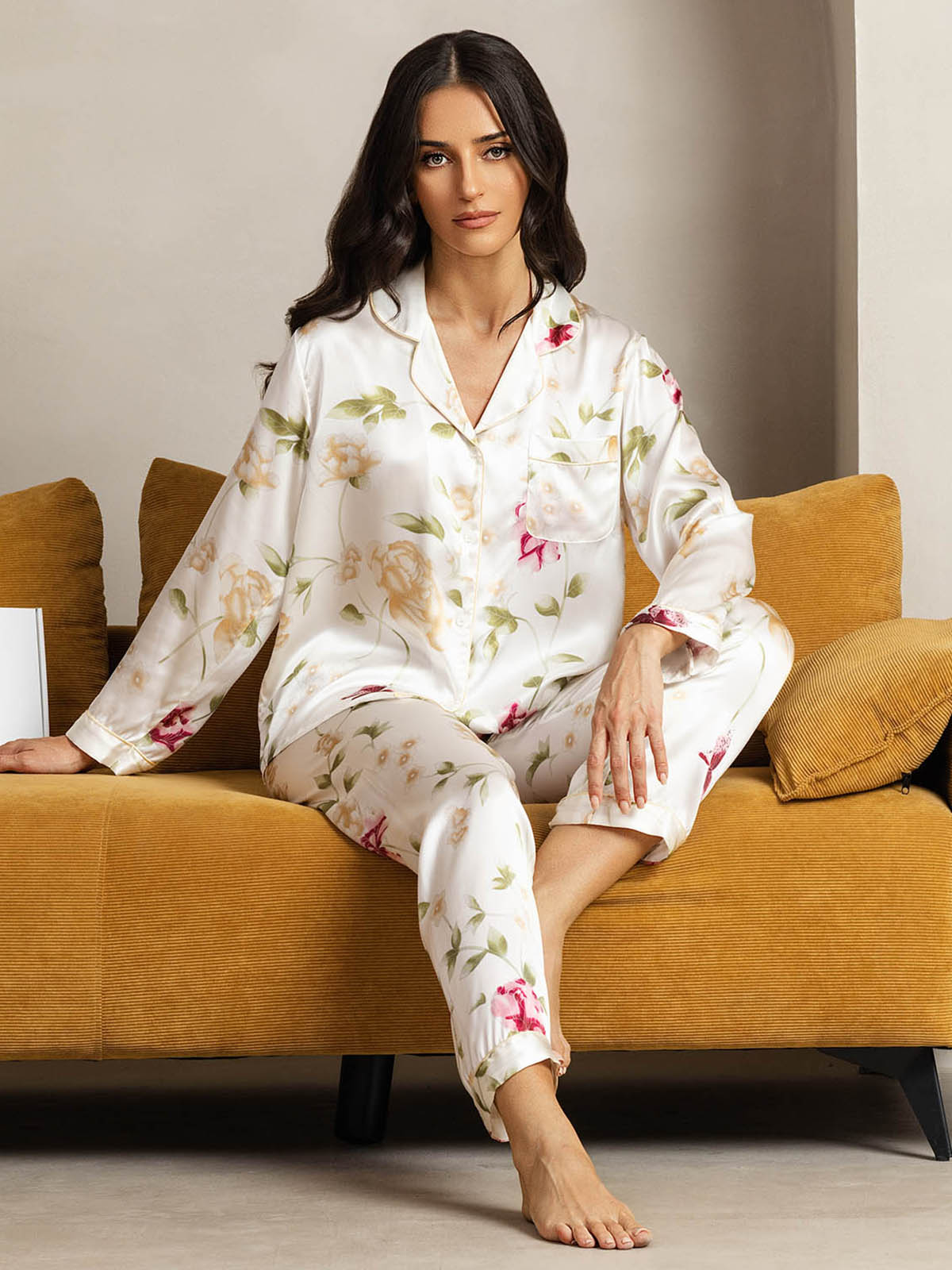Pure Silk Binding Trim Pajamas Set 2Pc