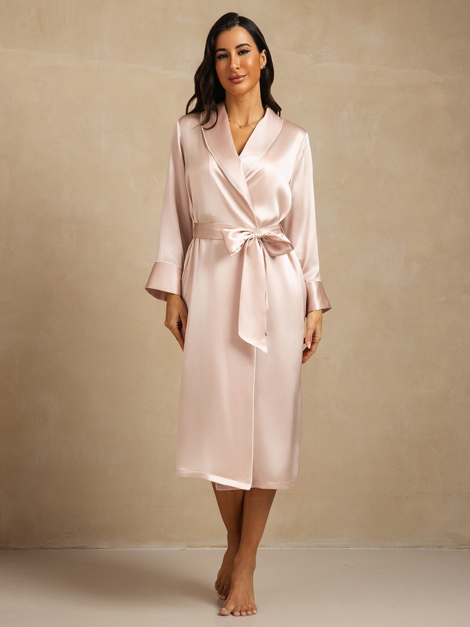 Pure Silk Belted Women's Long Lapel Robe with Pocket Design