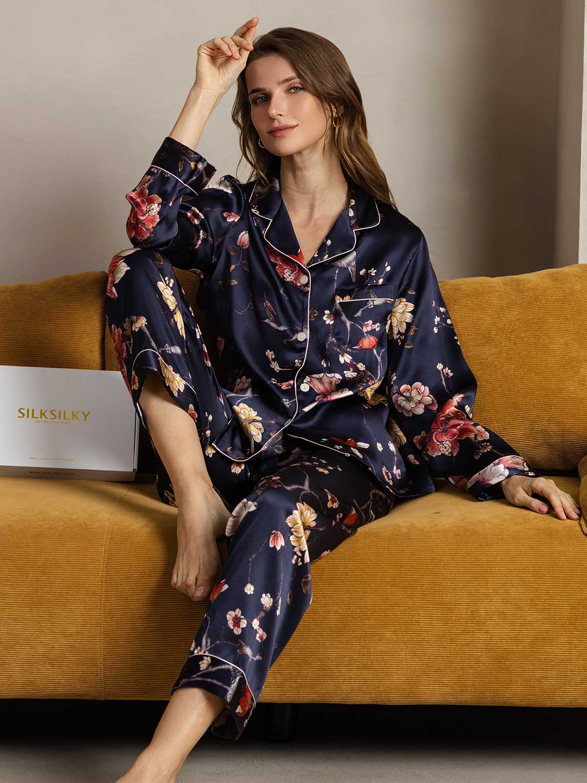 Pure Silk Binding Trim Pajamas Set 2Pc