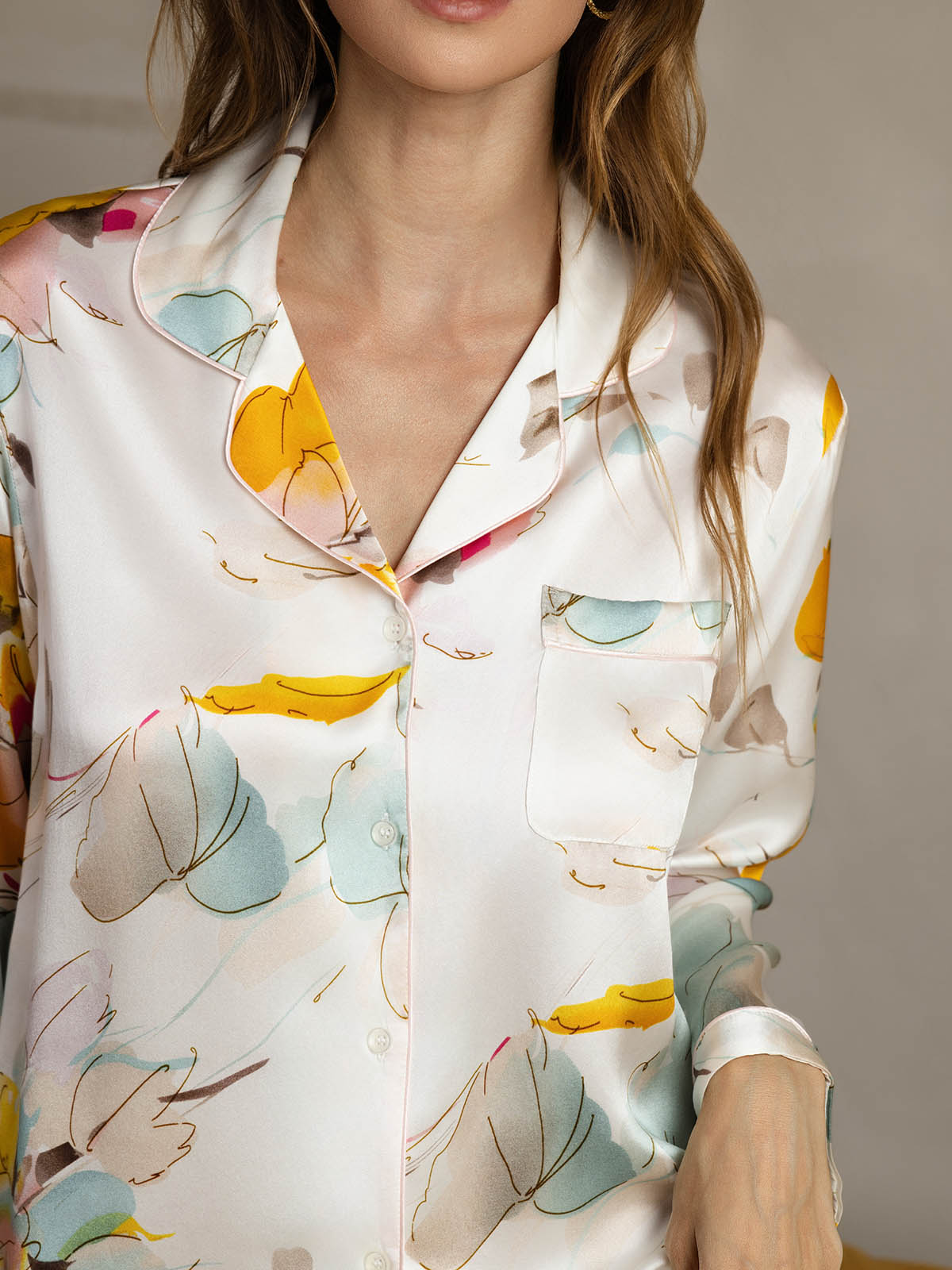 Pure Silk Binding Trim Pajamas Set 2Pc