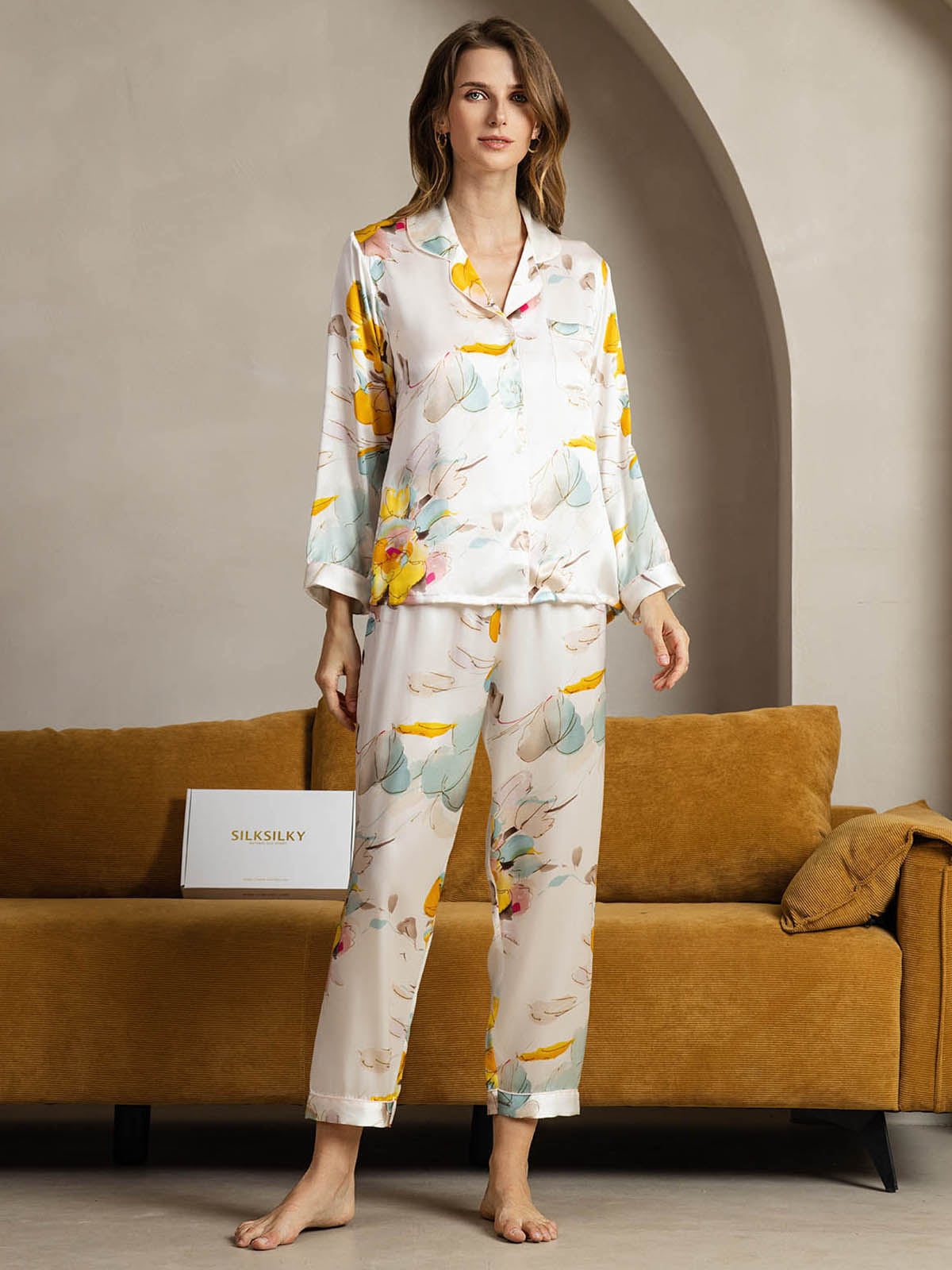Pure Silk Binding Trim Pajamas Set 2Pc