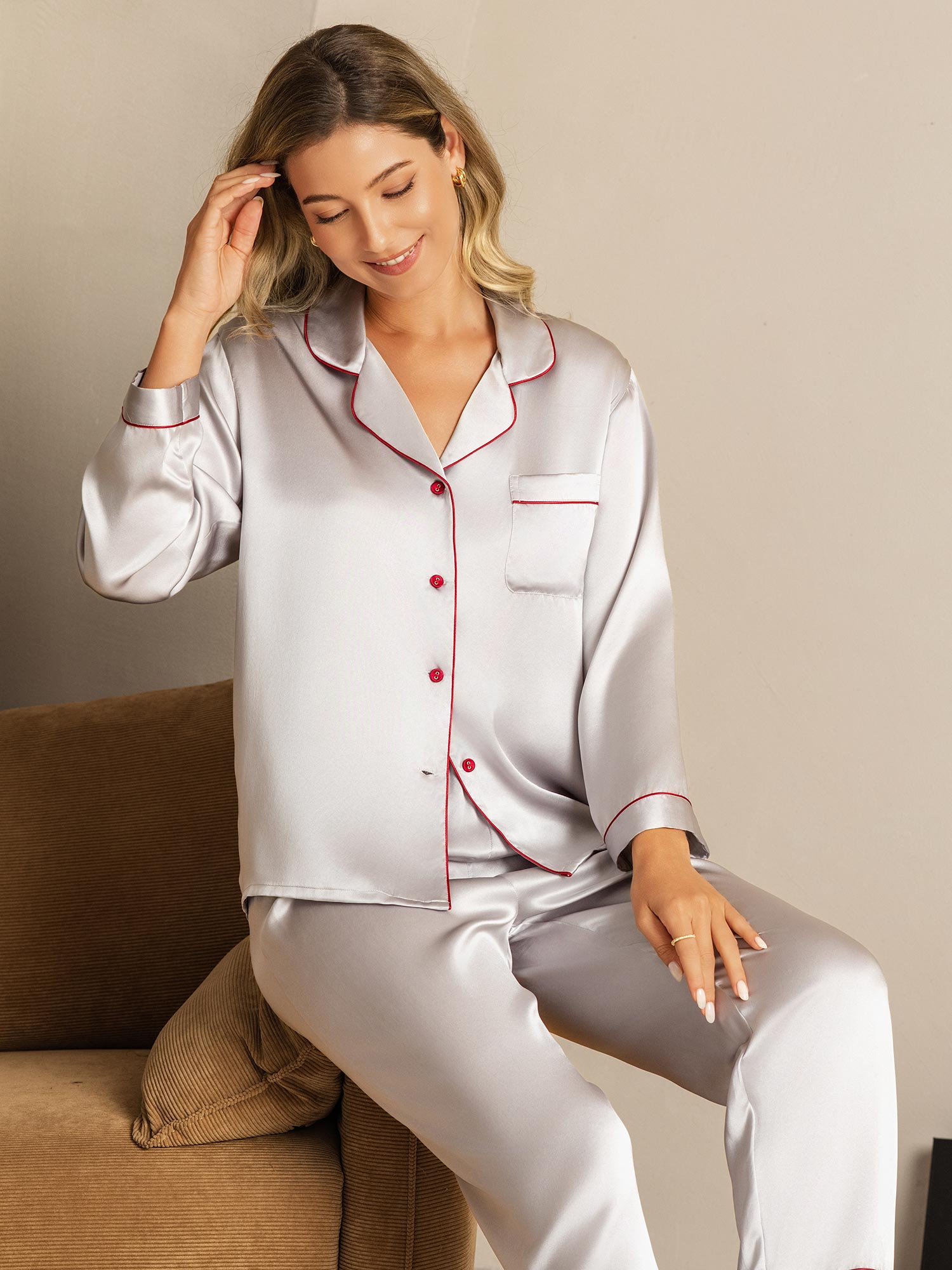 Pure Silk Binding Trim Pajamas Set 2Pc