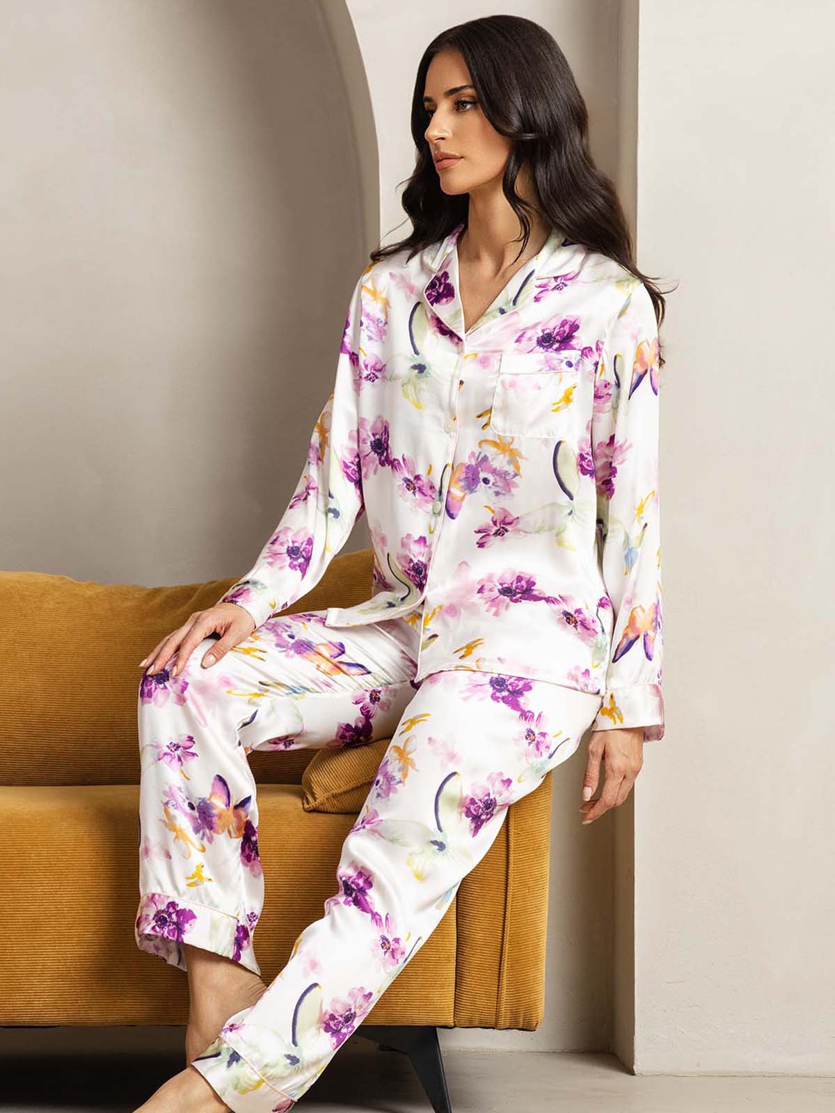 Pure Silk Binding Trim Pajamas Set 2Pc